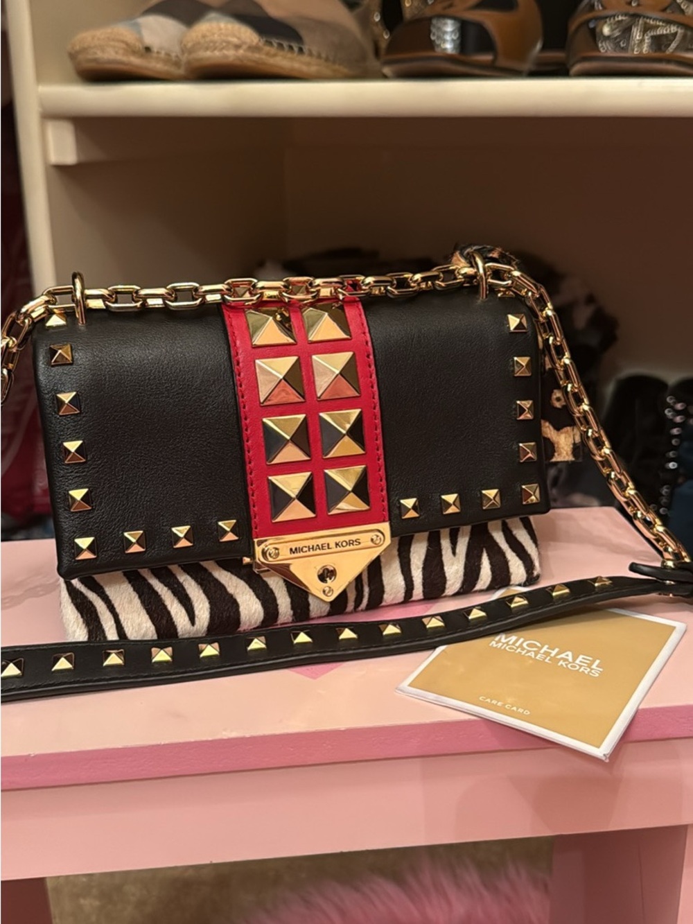 Michael Kors Black and Red Studded Leather Crossbody MINI